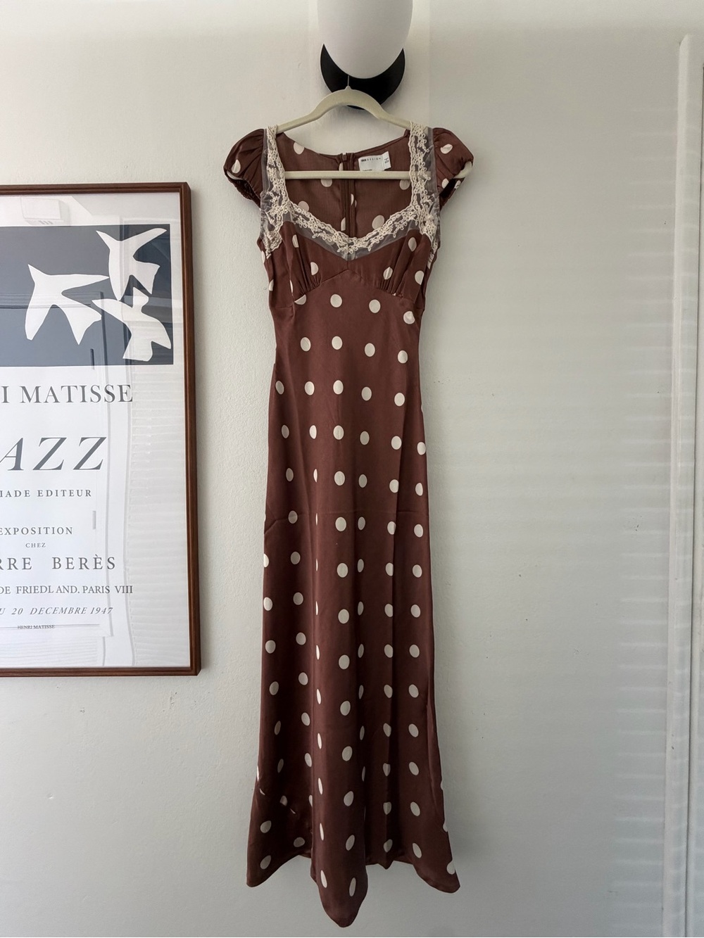 ASOS brown white dot satin lace trim midi maxi dress